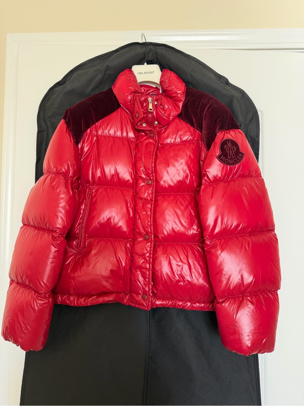 Moncler Red Glossy Velvet-Yoke Puffer Jacket